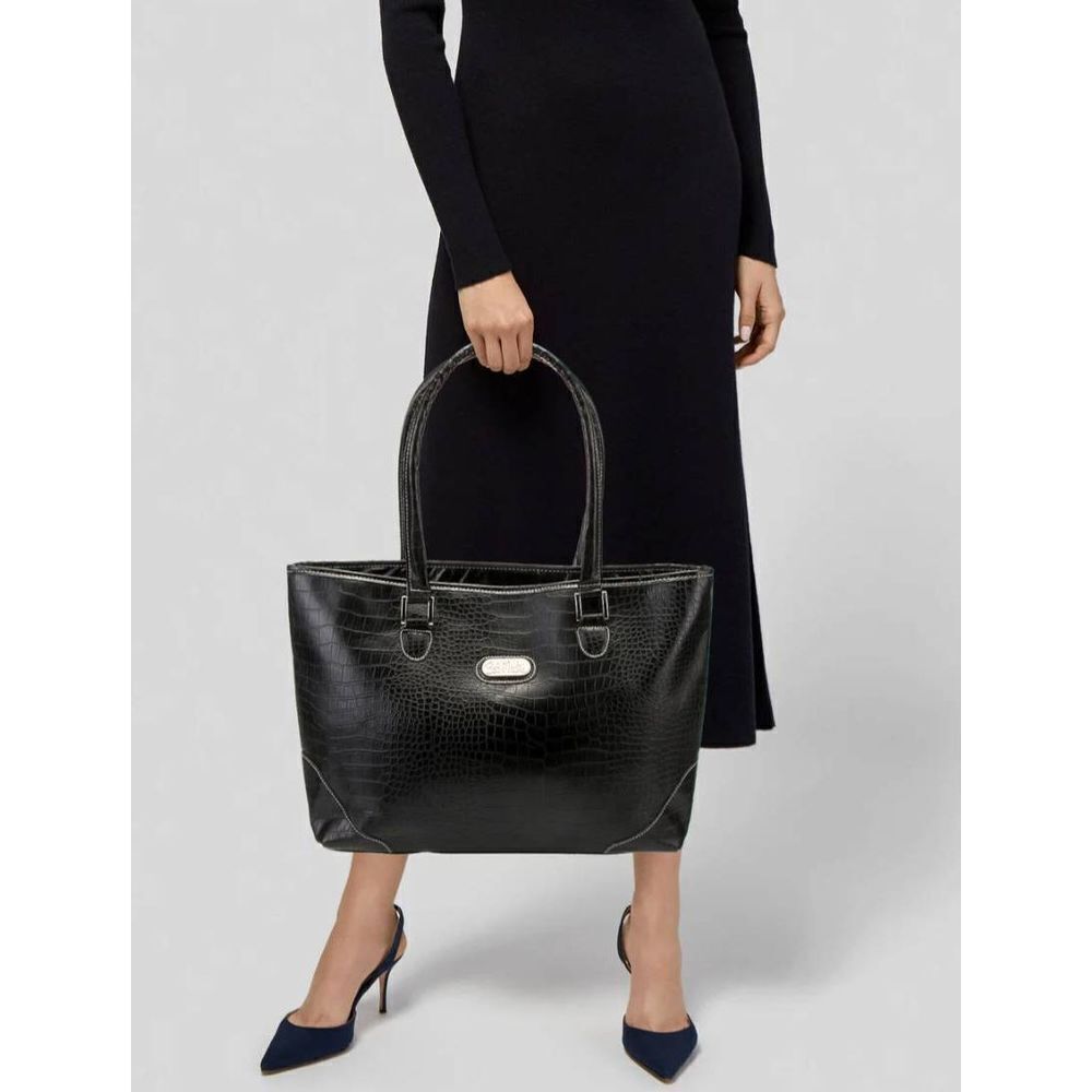 Bob Mackie Embossed Black Leather Large Tote Bag Luxury Laptop Office Carry on